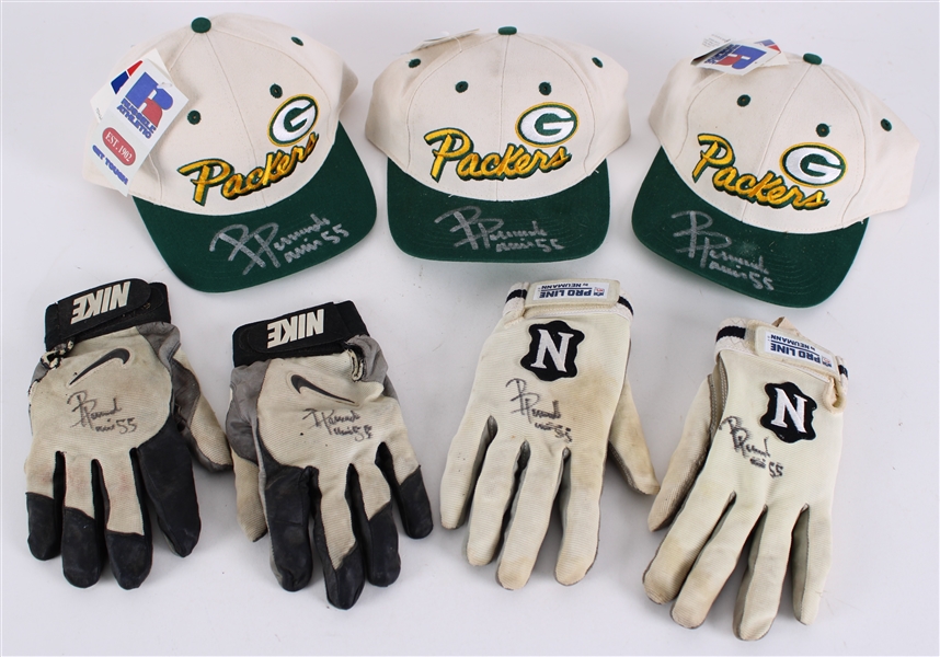 1996-2001 Bernardo Harris Green Bay Packers Signed Collection - Lot of 5 w/ Caps & Game Worn Gloves (MEARS LOA/JSA)