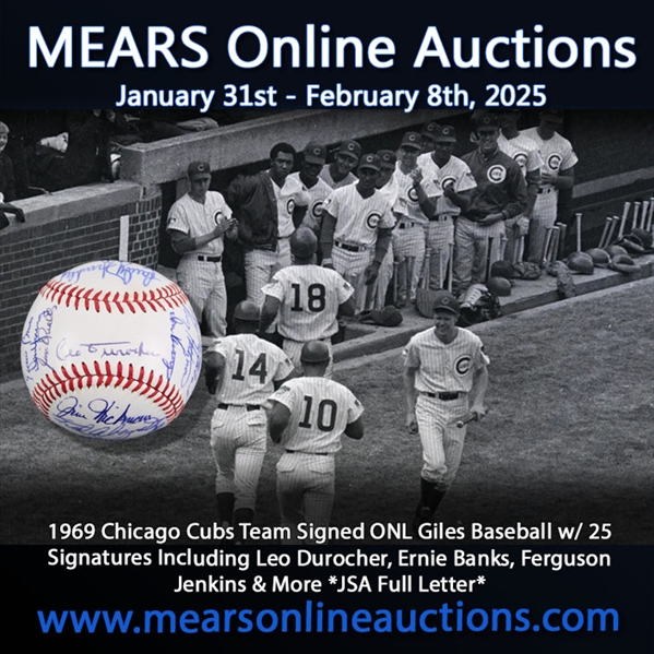 1969 Chicago Cubs Team Signed ONL Giles Baseball w/ 25 Signatures Including Leo Durocher, Ernie Banks, Ferguson Jenkins & More  *JSA Full Letter*
