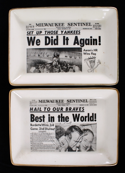 1957-58 Milwaukee Braves MacNeil & Moore Candy Dishes w/ Milwaukee Sentinel Headlines