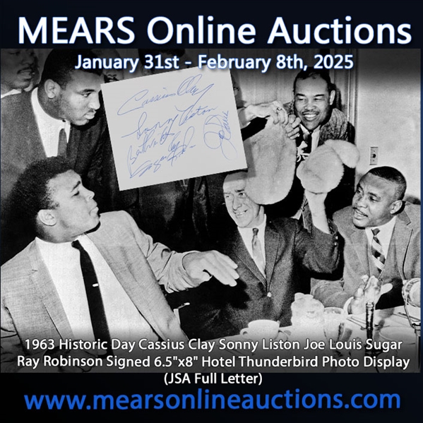 1963 Historic Day Joe Louis Hotel Thunderbird photo signed by Cassius Clay Sonny Liston Joe Louis Sugar Ray Robinson Signed 6.5"x8" Hotel Thunderbird Photo Display (JSA Full Letter)