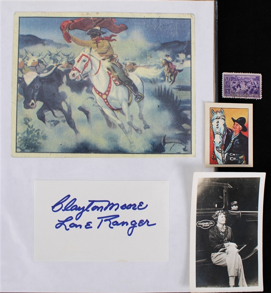 1930s-1960s Clayton Moore Signed Index Card Amelia Earhardt 3x4 B&W Photo and More (Lot of 5)(JSA)