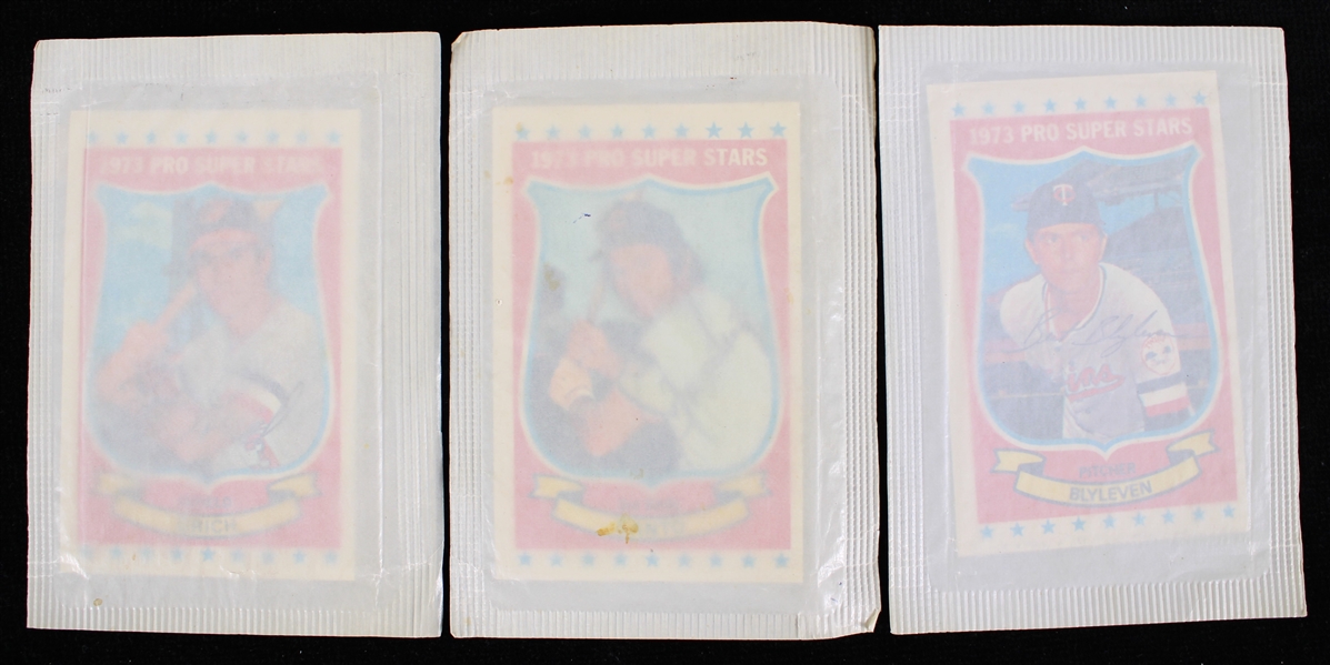 1973 Ron Santo Chicago Cubs Bert Blyeven MN Twins and Robert Grich Baltimore Orioles Pro Superstars Trading Cards In Cellophane Packing (Lot of 3)