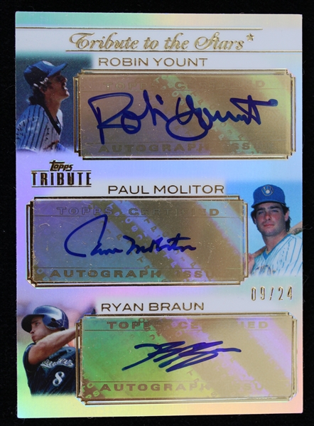 2011 Robin Yount Paul Molitor Ryan Braun Milwaukee Brewers Triple Autographed Topps Tribute Trading Card TSTA-YMB 