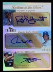 2011 Robin Yount Paul Molitor Ryan Braun Milwaukee Brewers Triple Autographed Topps Tribute Trading Card TSTA-YMB 
