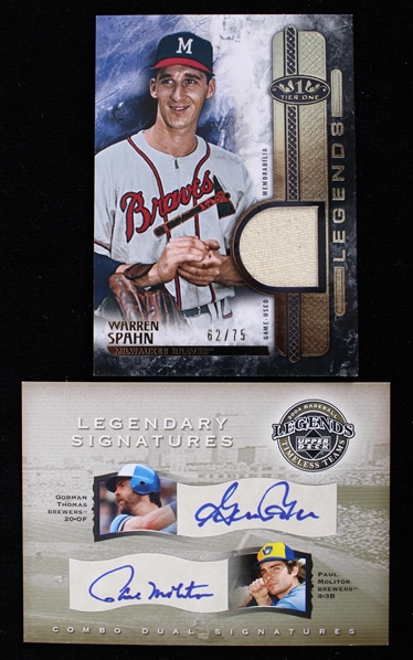 2004-16 Gorman Thomas & Paul Molitor Milwaukee Brewers Signed Upper Deck Trading Card and 2016 Warren Spahn Braves Topps Relic Trading Card (Lot of 2)