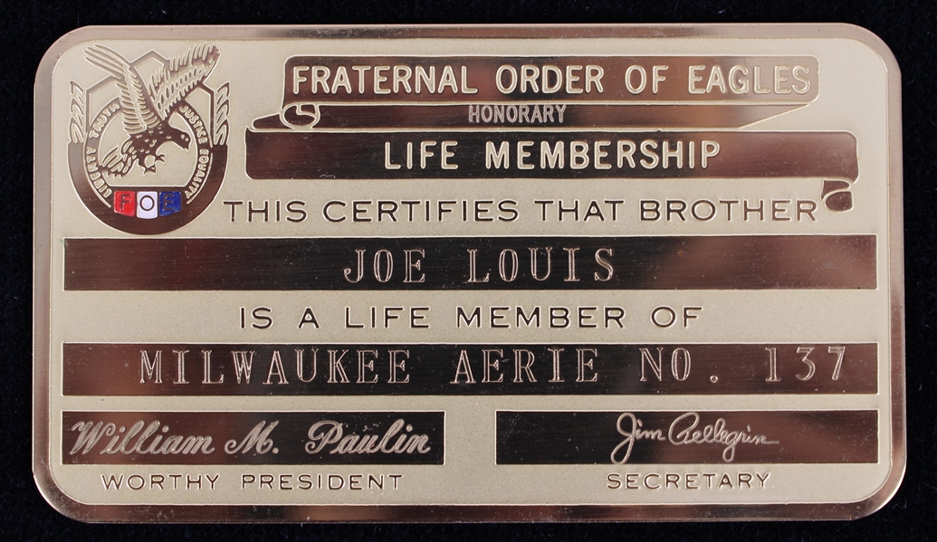1950s Joe Louis World Heavyweight Champion Fraternal Order of Eagles Honorary Life Membership Card