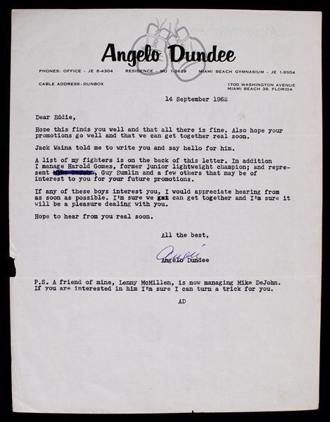 1962 Angelo Dundee (d.2012) (Former Corner Man/Trainer of Muhammad Ali) Signed Letter