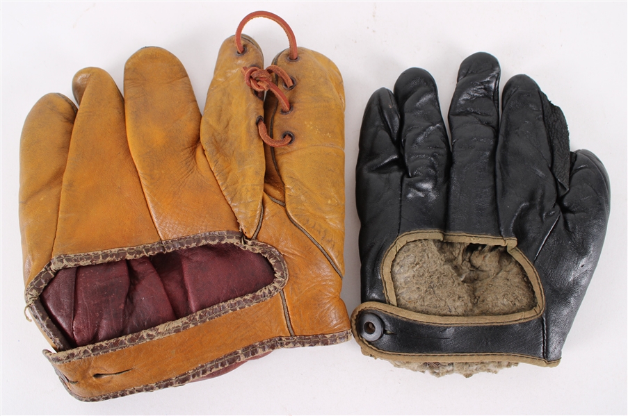 1910s-40s Store Model Baseball Mitt Collection - Lot of 2 w/ Whitey Kurowski Player Endorsed Dubow & Black Leather Five Finger Mitt