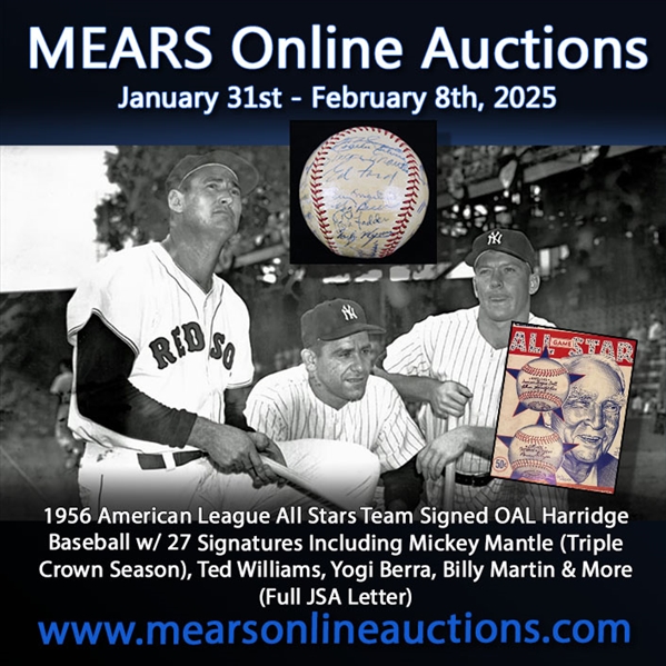 1956 American League All Stars Team Signed OAL Harridge Baseball w/ 27 Signatures Including Mickey Mantle (Triple Crown Season), Ted Williams, Yogi Berra, Billy Martin & More (Full JSA Letter)