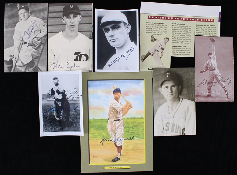 1930-1990 Preacher Roe Brooklyn Dodgers Warren Spahn Boston Braves Johnny Pesky Boston Red Sox and More Signed 3x5 Photos and 6x8 Print (Lot of 7)