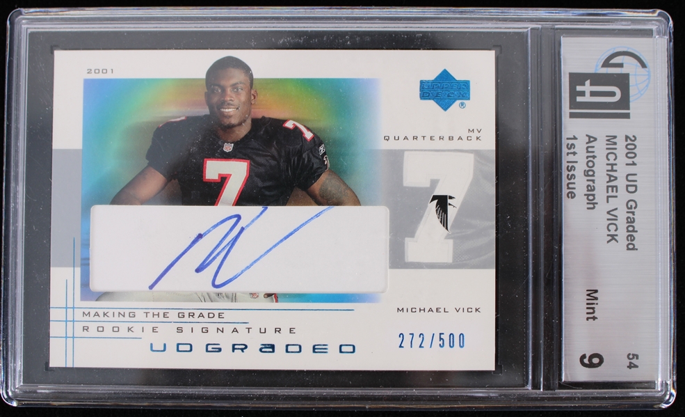 2001 Michael Vick Atlanta Falcons Autographed Upper Deck Making The Grade Trading Card #54 (Global Authentic Mint 9)