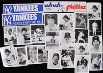 1980s Fred Stanley, Lou Pinella, Tommy John NY Yankees 4x5 Photos w/ Yankees & Phillies Bumper Stickers (Lot of 39)