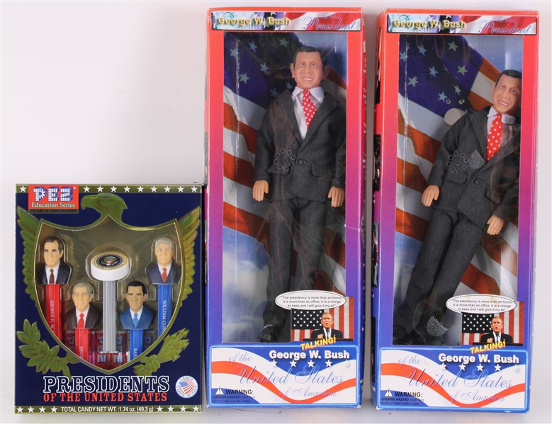 2000s-10s Presidents of the United States MIB Action Figures & Pez Dispensers - Lot of 3 w/ George HW Bush, Bill Clinton, George W Bush & Barack Obama