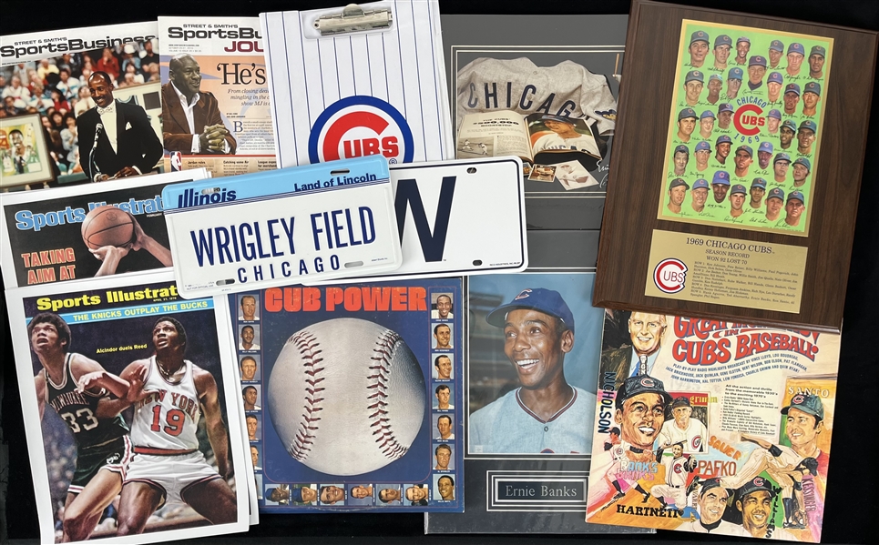 1960s-2000s Chicago Cubs Milwaukee Bucks Memorabilia Collection - Lot of 17 w/ Photos, Displays, Souvenir License Plates & More