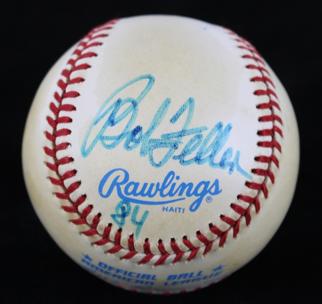 1984 Bob Feller Cleveland Indians Signed OAL Brown Baseball (JSA)