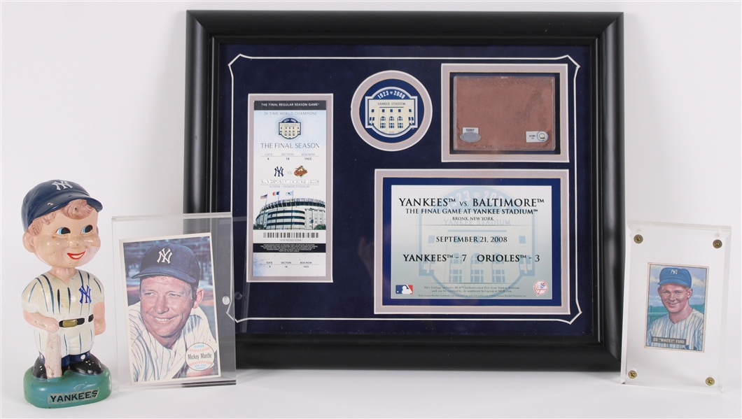 1951-2008 New York Yankees Memorabilia - Lot of 4 w/ Whitey Ford 1951 Bowman Rookie Card, Mickey Mantle 1964 Topps Giant Card, Vintage Nodder & Final Game at Yankee Stadium Framed Display