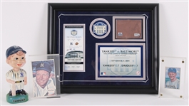 1951-2008 New York Yankees Memorabilia - Lot of 4 w/ Whitey Ford 1951 Bowman Rookie Card, Mickey Mantle 1964 Topps Giant Card, Vintage Nodder & Final Game at Yankee Stadium Framed Display