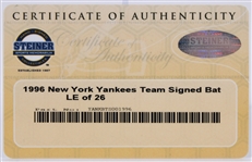 1996 World Series Champion New York Yankees Team Signed Cooperstown Bat Co. Commemorative Bat w/ 25 Signatures Including Mariano Rivera, Derek Jeter, Joe Torre & More (Steiner) 9/26