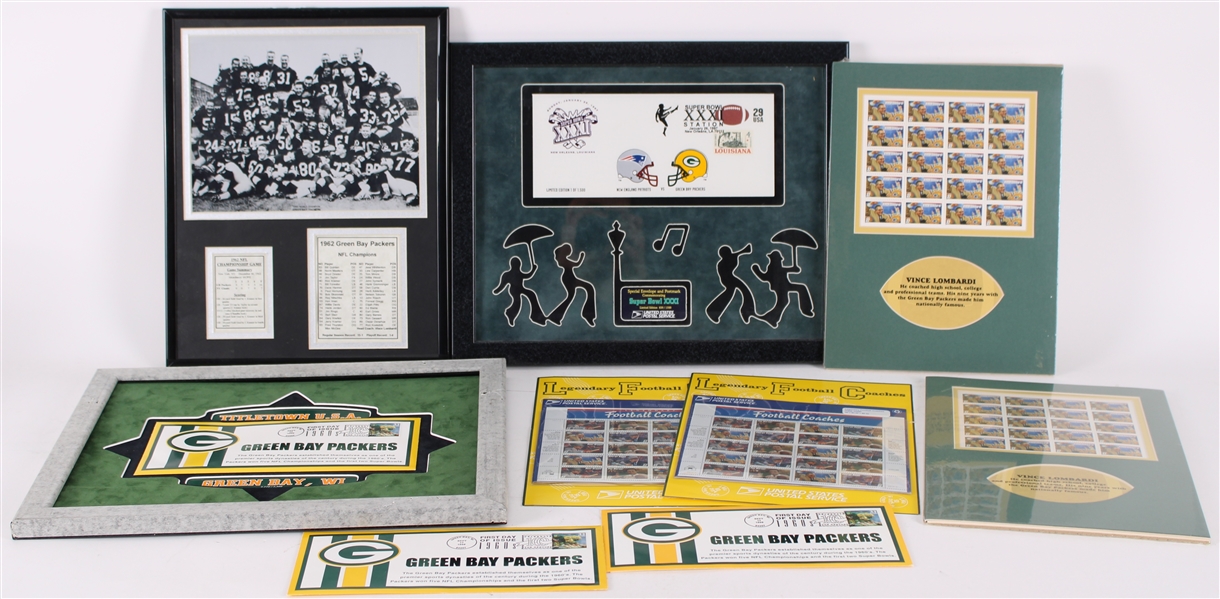 1960s-90s Green Bay Packers Memorabilia Collection - Lot of 9 w/ Framed Displays, First Day of Issue Envelopes, Sealed Stamp Sheets & More