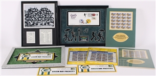 1960s-90s Green Bay Packers Memorabilia Collection - Lot of 9 w/ Framed Displays, First Day of Issue Envelopes, Sealed Stamp Sheets & More