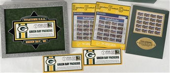 1960's-90's Green Bay Packers Memorabilia Collection - Lot of 9 w/ Framed Displays, First Day of Issue Envelopes, Sealed Stamp Sheets & More