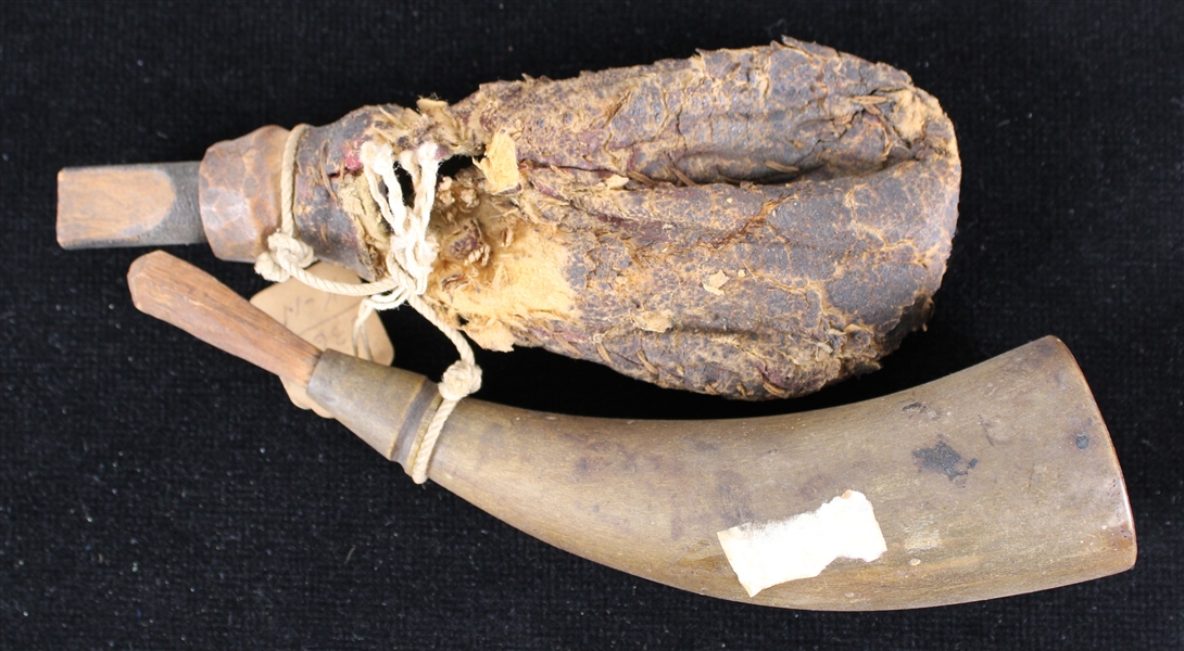 1800s Powder Horn & Animal Pelt Shot Pouch