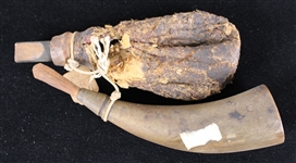 1800s Powder Horn & Animal Pelt Shot Pouch