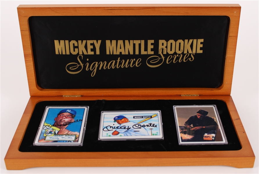 1995 Mickey Mantle New York Yankees Signed Porcelain Rookie Baseball Trading Cards - Lot of 2 w/ COA Card & Wood Display Case