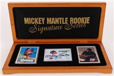 1995 Mickey Mantle New York Yankees Signed Porcelain Rookie Baseball Trading Cards - Lot of 2 w/ COA Card & Wood Display Case