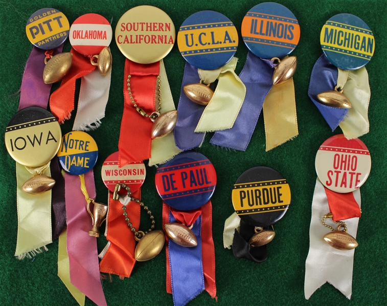 1940s-50s College Football Pinback Buttons w/ Ribbons & Charm - Lot of 12 Including Notre Dame, Southern California, Ohio State, Michigan & More