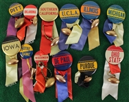 1940s-50s College Football Pinback Buttons w/ Ribbons & Charm - Lot of 12 Including Notre Dame, Southern California, Ohio State, Michigan & More