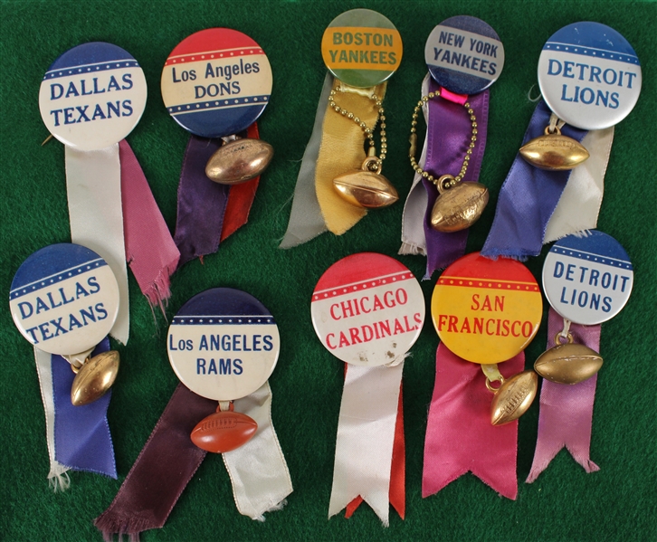 1940s-50s Pro Football Pinback Buttons w/ Ribbons & Charm - Lot of 10 w/ Los Angeles Dons, Boston Yankees, Dallas Texans, Chicago Cardinals & More
