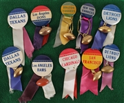 1940s-50s Pro Football Pinback Buttons w/ Ribbons & Charm - Lot of 10 w/ Los Angeles Dons, Boston Yankees, Dallas Texans, Chicago Cardinals & More
