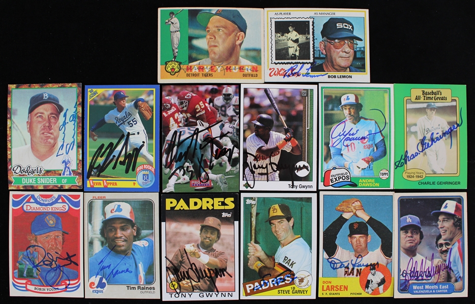 1960-92 Signed Baseball Trading Cards - Lot of 14 w/ Tony Gwynn, Don Larsen, Duke Snider, Fernando Valenzuela & More (JSA)