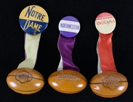 1940s-50s College Football Pinback Buttons w/ Ribbon & Jumbo Football Charm - Lot of 3 w/ Notre Dame, Indiana & Northwestern