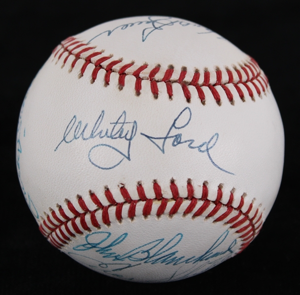 1985-89 New York Yankees Multi Signed OAL Brown Baseball w/ 7 Signatures Including Mickey Mantle, Whitey Ford & More (JSA)