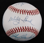 1985-89 New York Yankees Multi Signed OAL Brown Baseball w/ 7 Signatures Including Mickey Mantle, Whitey Ford & More (JSA)