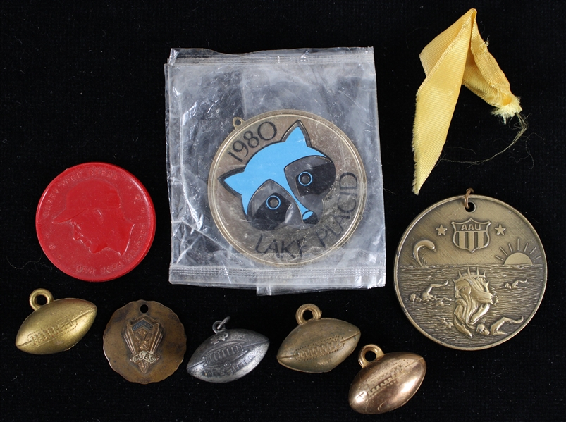 1950s-80s Medal Coin & Charm Collection - Lot of 8 w/ Red Yogi Berra Coin, Lake Placid Medal, Football Charms & More