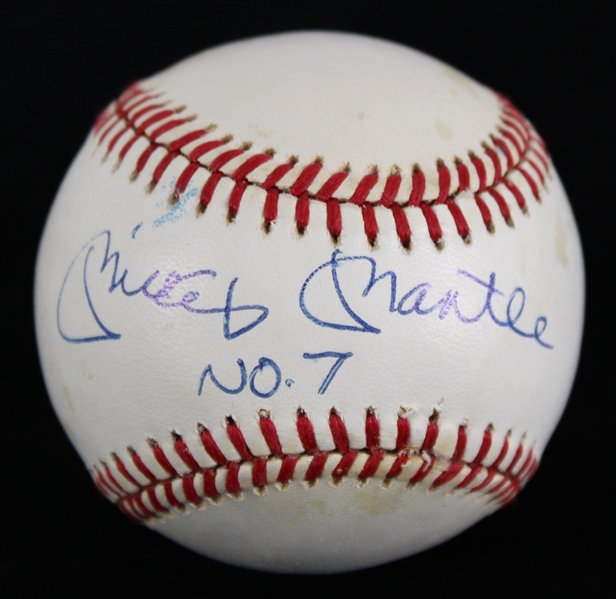 1985-89 Mickey Mantle New York Yankees Signed & "No. 7" Inscribed OAL Brown Baseball (JSA)