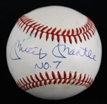 1985-89 Mickey Mantle New York Yankees Signed & "No. 7" Inscribed OAL Brown Baseball (JSA)