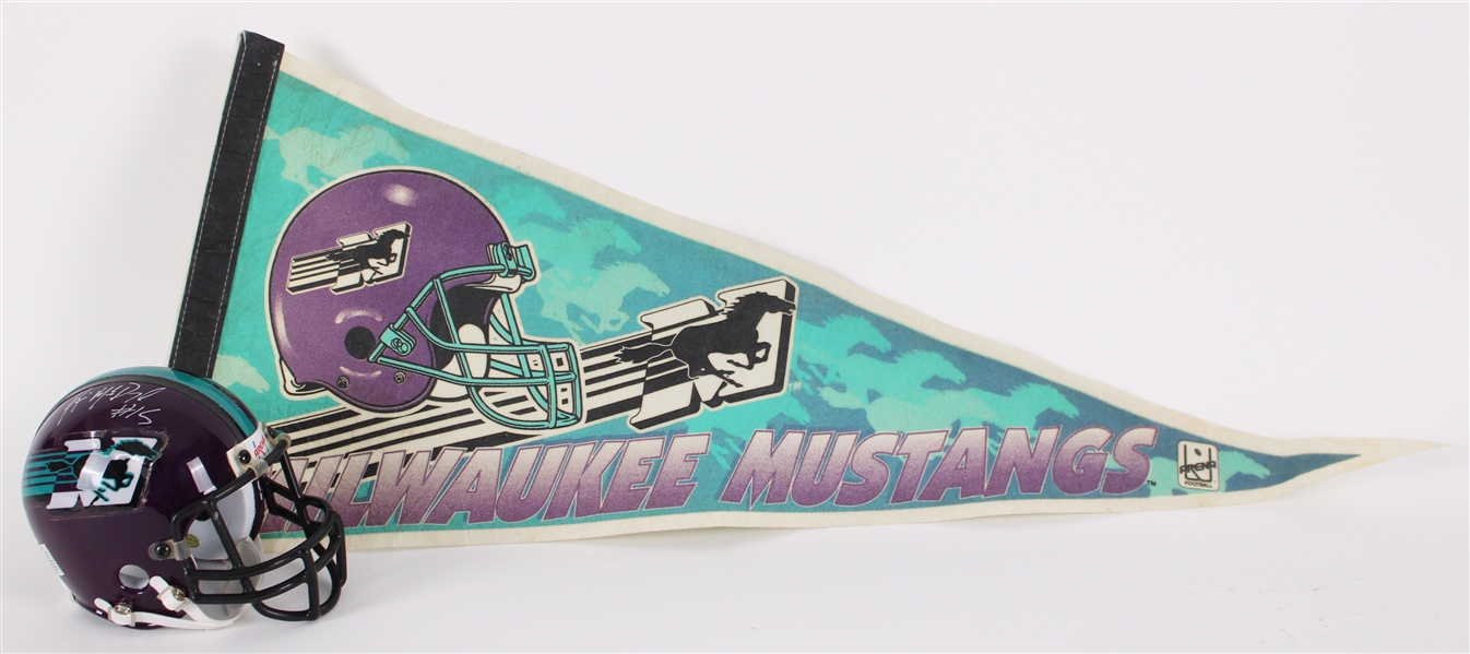 1994-2001 Milwaukee Mustangs Arena League Football Memorabilia - Lot of 2 w/ Full Size Pennant & Multi Signed Mini Helmet