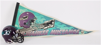 1994-2001 Milwaukee Mustangs Arena League Football Memorabilia - Lot of 2 w/ Full Size Pennant & Multi Signed Mini Helmet