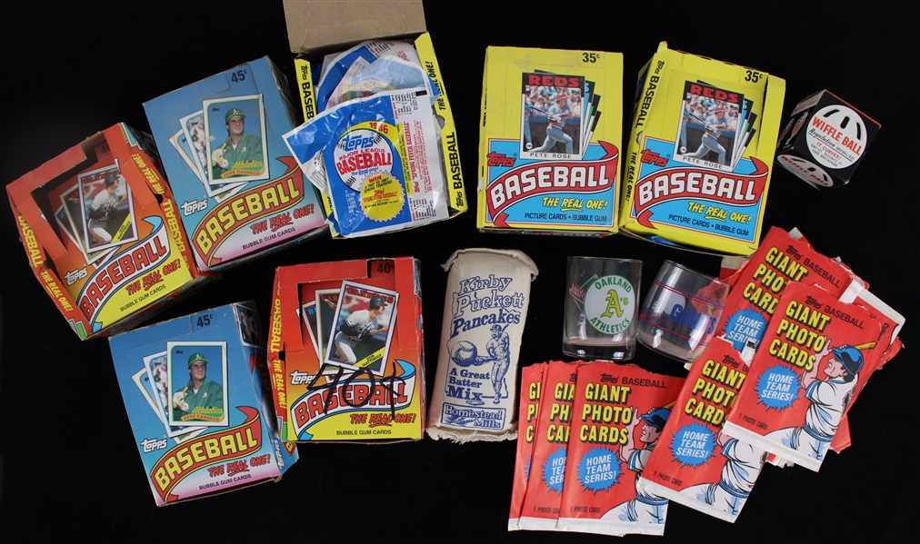 1980s Baseball Memorabilia Collection - Lot of 39 w/ Empty Pack Wrappers, Empty Hobby Boxes, Empty Pete Rose Wiffle Ball Box & More