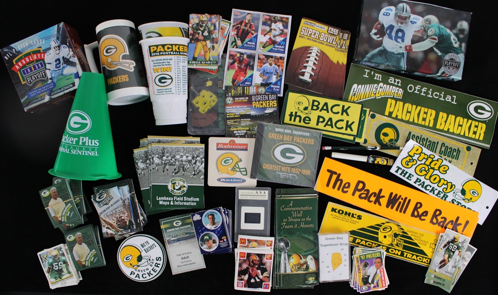 1980s-2000s Green Bay Packers Memorabilia Collection - Lot of Hundreds w/ Football Trading Cards, Pocket Schedules, Bumper Stickers, & More