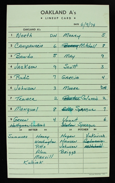 1974 Oakland Athletics Milwaukee County Stadium In Dugout Lineup Card (MEARS LOA)
