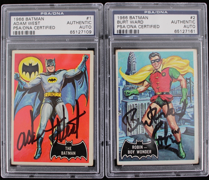 1966 Adam West Burt Ward Batman & Robin Signed Topps #1 & #2 Batman Trading Cards - Lot of 2 (PSA Slabbed Authentic)