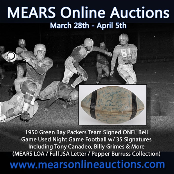 1950 Green Bay Packers Team Signed ONFL Bell Game Used Night Game Football w/ 35 Signatures Including Tony Canadeo, Billy Grimes & More (MEARS LOA / Full JSA Letter / Pepper Burruss Collection)