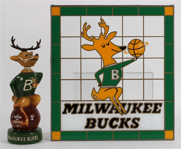 1971 Milwaukee Bucks 14" Decanter w/ 16x18 Stained Glass 