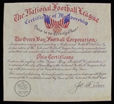 1920s Green Bay Packers Certificate of NFL Membership (Reproduction)