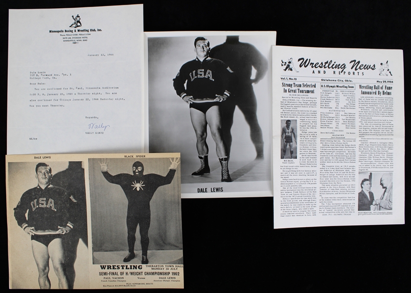1956-66 Dale Long Wrestling Memorabilia Collection - Lot of 4 w/ Photo, Correspondence, Advertisement & Wrestling News Issue